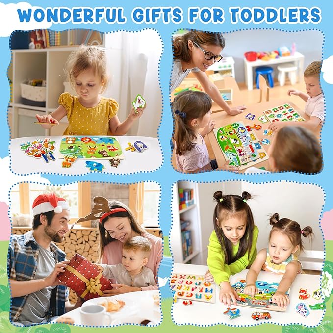 6 Pack Wooden Puzzles for Toddlers, Peg Toddler Puzzles Include Alphabet Number Shape Animals Vehicle Farm Puzzles with Storage Rack Preschool Educational Learning Toys for 1 2 3 4 5 Boys Girls