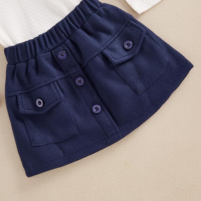 Fernvia Toddler Baby Girl Fall Winter Skirt Set Turtleneck Ribbed Long Sleeve T-Shirt Top & Plaid Skirts Dress 2Pcs Outfits