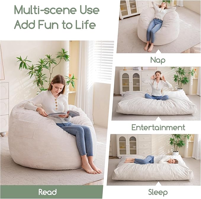 HIGOGOGO Giant Bean Bag Chair Bed for Adults,Convertible Beanbag Folds from Lazy Chair to Floor Mattress Bed,Large Floor Sofa Couch for Adult,Couples,Family,High-Density Foam Filling, Machine Washable