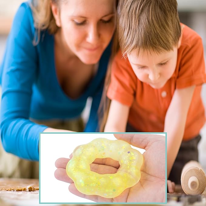 2 Pack Wearable Squishy Stress Relief Toy,Donut Squishy Stress Relief Toys,Crystal Glitter Bracelet Soft Sensory Fidget Toy (Blue Yellow)