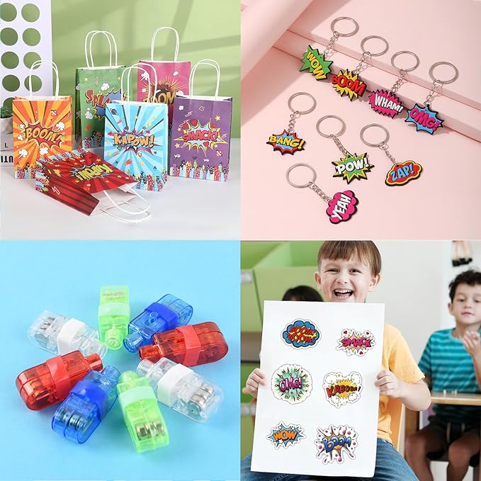 APZ 122 Pcs Superhero Party Favors -Superhero Mask Slap Bracelets Keychains Stickers Punch Balloons Finger Lights and Gift Bags for Kids Hero Party Supplies Birthday Decorations