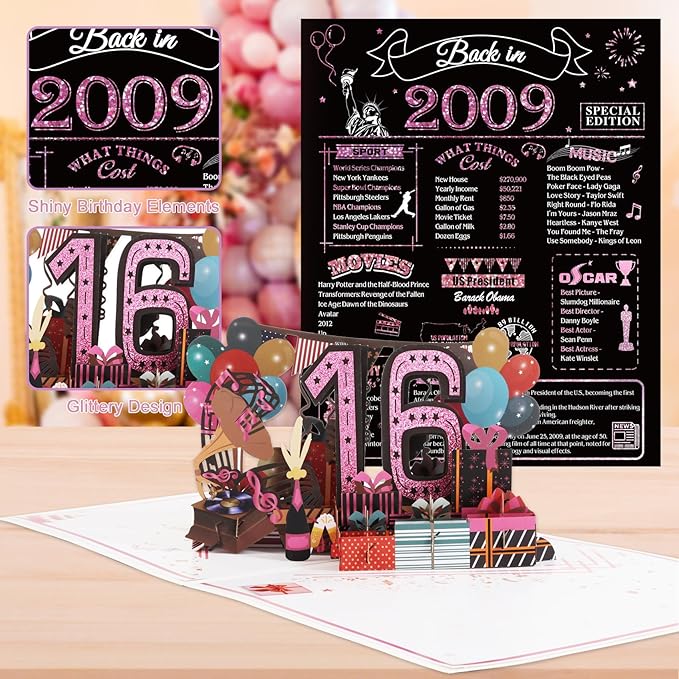 16th Birthday Card for Girls Her, Jumbo 3D Pop Up Sweet 16th Birthday Gifts Cards, Back In 2009 Happy 16 Year Old Birthday Decorations Cards Card for Daughter Granddaughter, Rose Gold