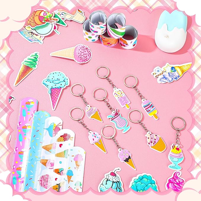 196 Pcs Ice Cream Party Favors Ice Cream Cone Stickers Cute Ice Cream Keychains Ice Cream Slap Bracelet for Ice Cream Theme Birthday Party Sweet Summer Baby Shower Classroom Rewards