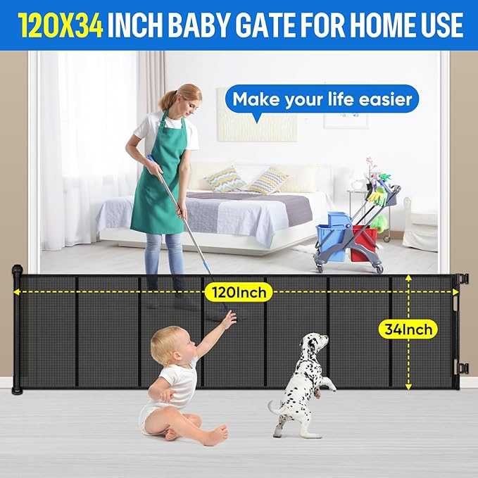34X120” Extra Wide Safety Retractable Baby Gate, Extra Wide Safety Kids or Pets Gate, 34” Tall, Extends to 120” Extra Wide, Built-in Reinforce Strip Mesh Safety Dog Gate for Stairs (34”X120”, Black)
