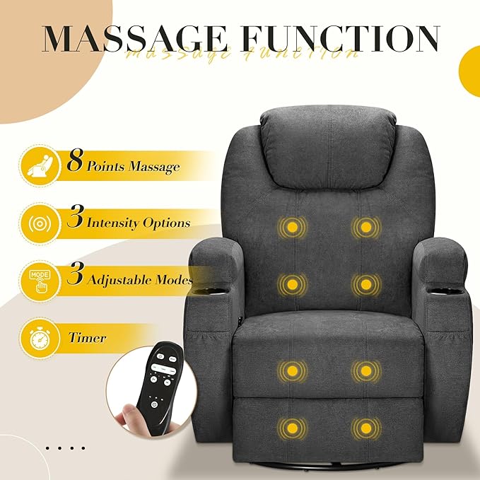 Recliner Chair, 360° Swivel Rocker Chair for Adults, Rocking Recliner Chair with Massage, Comfy Single Sofa with Side Pockets Cup Holders for Living Room, Bedroom, Nursery (Fabric, Gray)