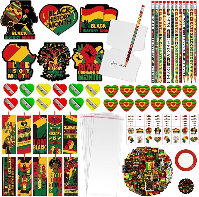 218 PCS Black History Month Party Favors Happy Juneteenth Party Classrooms Exchange Stationery Giveaways Sets Class Reward Prizes Pencils Erasers Stickers for African American Party Supplies (BHM)