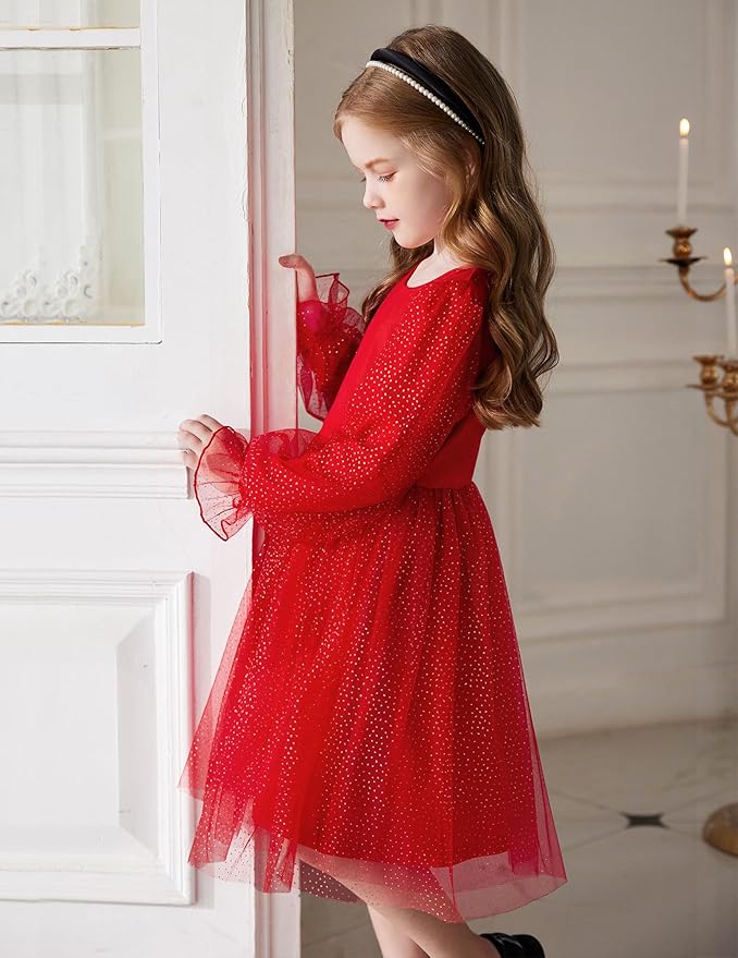 Arshiner Toddler Christmas Dress Girls Sequin Tulle Puff Long Sleeves Tutu Dress Princess Birthday Party Clothes 1-6T