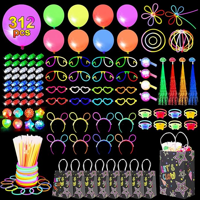 312PCS Glow in the Dark Party Supplies, Light Up Party Favors with 40 finger lights, LED Neon balloons, LED Whistle, 100 Glow Sticks Bulk DIY Glow Necklaces Glasses, Neon Party Supplies & Decorations
