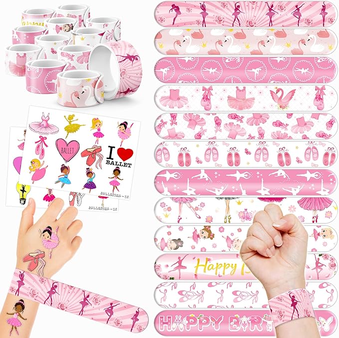 48PCS Ballerina Party Favors - 24PCS Tattoos & 24PCS Slap Bracelets - Birthday Party Supplies, Gifts, Classroom Prizes, Carnival Rewards, Christmas Decorations for Girls & Boys