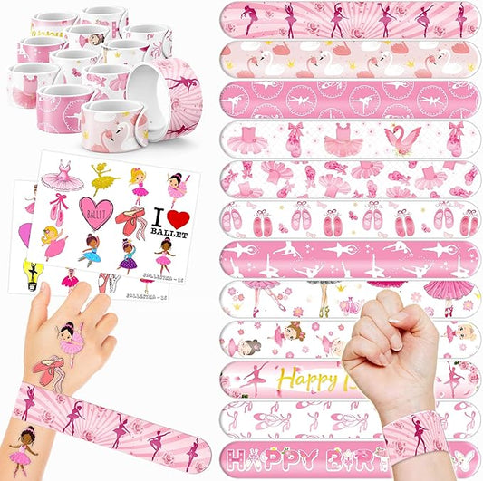48PCS Ballerina Party Favors - 24PCS Tattoos & 24PCS Slap Bracelets - Birthday Party Supplies, Gifts, Classroom Prizes, Carnival Rewards, Christmas Decorations for Girls & Boys