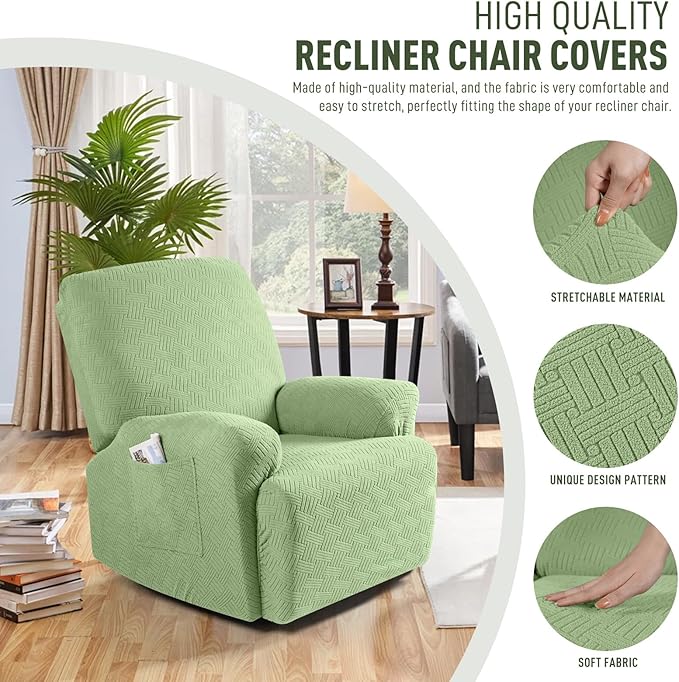 KinCam Recliner Covers, Stretch Reclining Chair Covers, Recliner Sofa Slipcovers Stripe Jacquard Recliner Couch Covers Furniture Protector Covers for Pet Kid (1 Seater, Light Green)