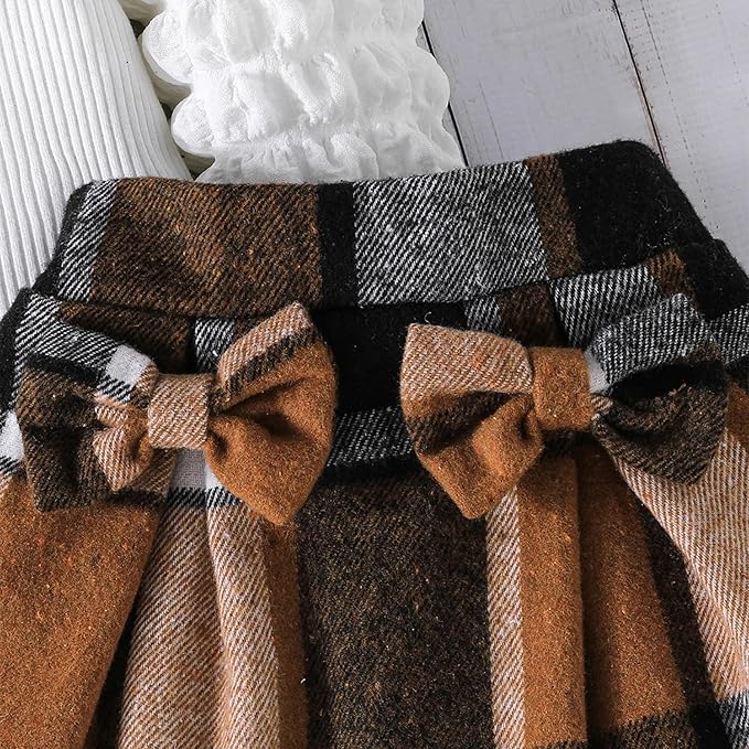 Fernvia Toddler Baby Girl Fall Winter Skirt Set Turtleneck Ribbed Long Sleeve T-Shirt Top & Plaid Skirts Dress 2Pcs Outfits