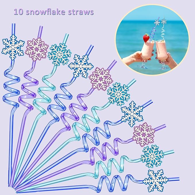 132Pcs Snowflake Party Favors Set Birthday Party Supplies Include 12 Bracelets, 10 Keychain, 10 snowflake squishies,10 wristbands,10 Hair accessories,10 straws,10 Bubble,50 Stickers and 10 Gift bags