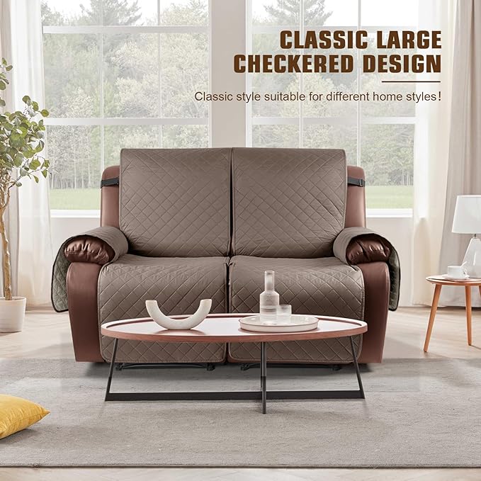 KinCam Loveseat Recliner Covers for 2 Seat, 100% Waterproof Reclining Loveseat Covers, Non-Slip Recliner Cover Furniture Protector with Elastic Straps for Pets, Kids, Brown