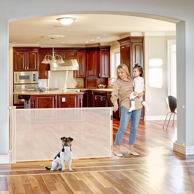 75 Inch Wide Retractable Baby Gate Retractable Dog Gate Indoor/Outdoor Retractable Gate, Long Baby Gate Wide Dog Gates for The House, Mesh Baby Gate Retractable Child Gates for Doorways/Stairs, Beige