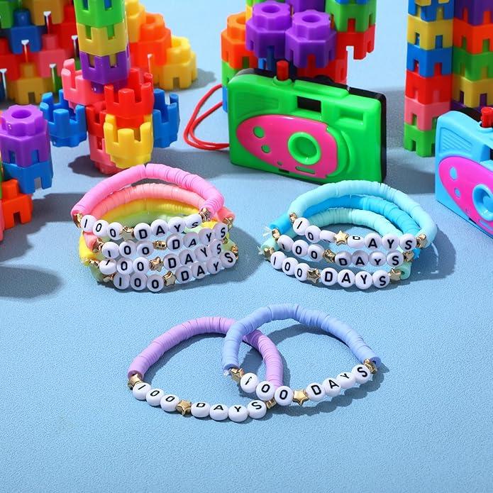 36 Pcs Happy 100th Day of School Bracelets Colorful Friendship Beads Bracelet for Boy Girl Kids Cute 100th Day Gifts Stretchy Acrylic Clay for School Supply Decor Student Rewards