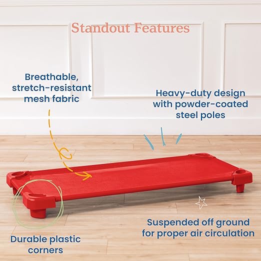 ECR4Kids Stackable Kiddie Cot, Ready-to-Assemble, Standard Size, Classroom Furniture, Red, 6-Pack