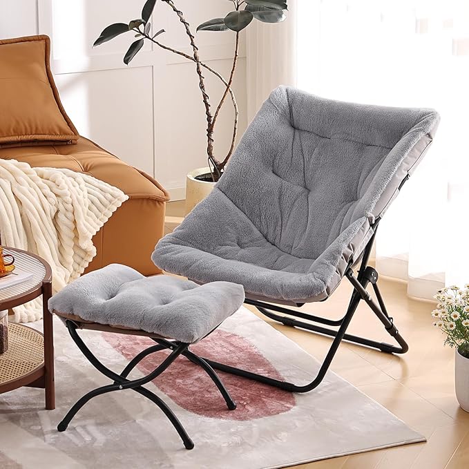 Comfy Saucer Chair with Ottoman, Oversized Folding Faux Fur Chair Soft Furry Lounge Lazy Chair with Metal Frame Moon Chair Accent Chair for Bedroom, Living Room, Dorm Rooms