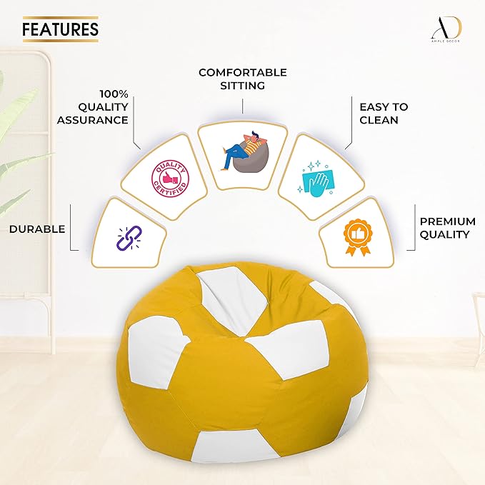 Ample Decor Soccer Bean Bag Cover (Filler Not Included), Leatherette Durable Double Stitched Material Sturdy Zippers, Ideal for Children and Teenagers - White and Yellow
