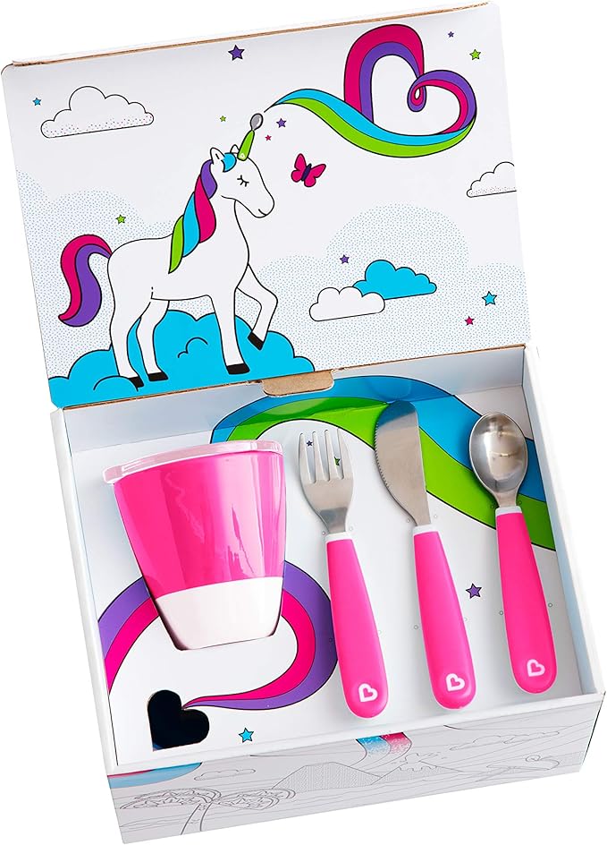 Munchkin® Color Me Hungry 7pc Toddler Feeding Supplies Set, Includes Plates, Bowl, Open Cup and Utensils in a Gift Box, Pink