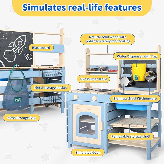 2 in 1 Mud Kitchen for Kids,Outdoor Play Kitchen & Grocery Store with Sink & Faucet,Blackboard,Utensils,Stove Top,Storage Bag,Backyard Garden Worktop Toy Toddler Kitchen for Boys and Girls