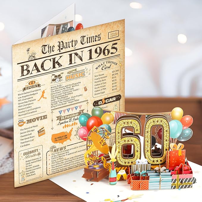 60th Birthday Card for Men Women, 3D Pop Up 60th Birthday Gifts Cards for Him Her, Back In 1965 Funny 60 Year Old Birthday Decorations, Classy Vintage