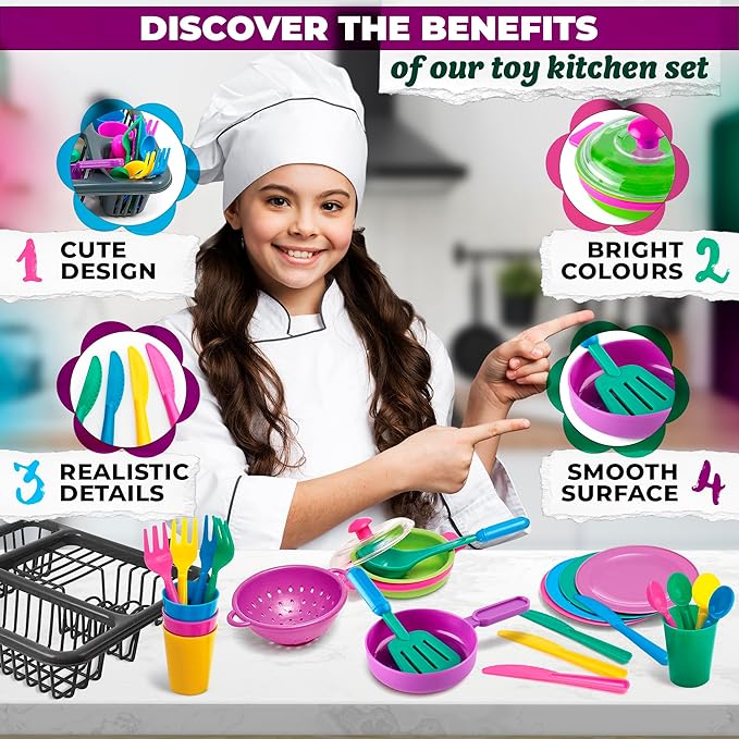 Kids Play Dishes for Kids Kitchen Playset Accessories - 27Pcs Kitchen Toy Dishes for Kids Kitchen Accessories Kids Play Plates and Bowls Sets - Kids Dishes Playset for Outdoor Play Kitchen Accessories