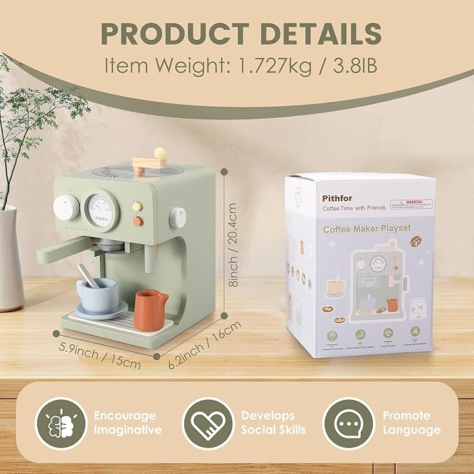 Kids Wooden Coffee Maker Toy with Grinder, Pretend Play Kitchen Appliances & Accessories Toy Gift for Kids Toddlers Boys Girls