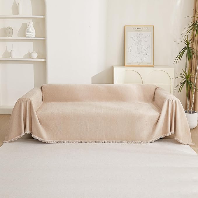 MYSKY HOME Dog Sofa Covers Khaki Couch Cover for 2 Cushion Couch Sofa Tassel Edge L-Shaped Sofa Slipcovers, Loveseat Couch Cushion Cover, Sofa Throw Covers, Furniture Covers for Pets, 91"x 118"