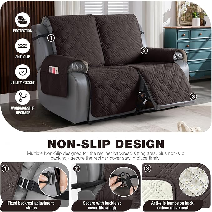 TAOCOCO 100% Waterproof Loveseat Recliner Cover, Non Slip Split Loveseat Covers for Reclining Loveseat with Elastic Straps, Washable Recliner Chair/Furniture Protector for Kids Pets(2 Seater, Coffee)