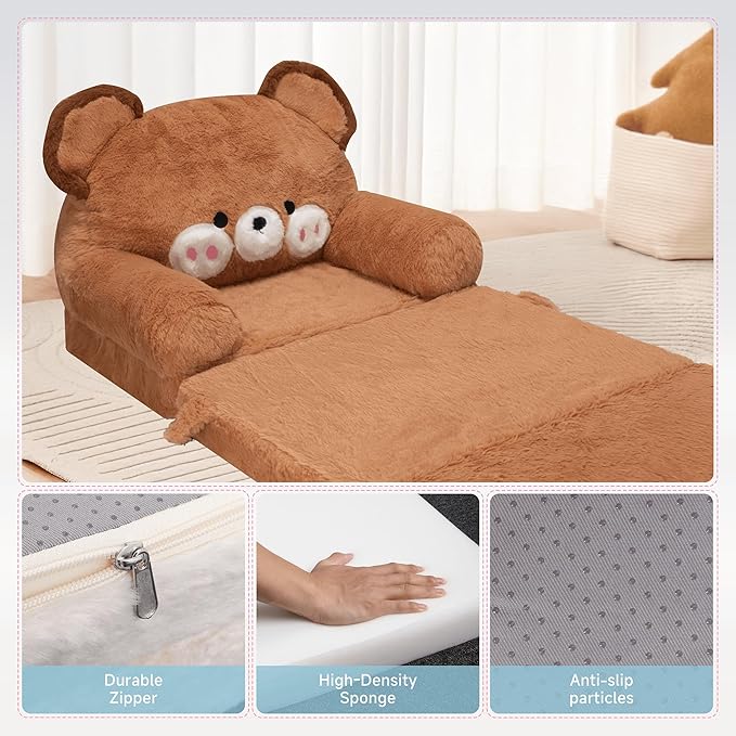MONKISS 2-in-1 Toddler Couch Bear Chairs Comfy, Kids Chair Couch, Mini Couch, Flip Out Sherpa Kids Sofa, Baby Couch, Chair for Toddlers 1-3, Kids Lounge Chair Reading Chair, Kids Couch Bed Fold Out