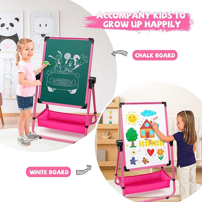 Kids Art Easel with 29.5inch-44inch Height Adjustable Whiteboard&Chalkboard Double Sided Easel 360°Rotating Art Easel for Kids Pink Over 3 Years Old
