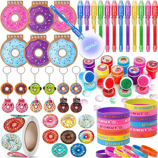 61 Donut Party Favors Two Sweet Birthday Party Supplies Mini Notebook Ink Pen Stamp Silicone Bracelet Keychain Sticker Toy Gift Goodie Bag Stuffer Kid Girl Candyland Party Favors