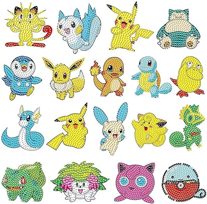 18 Pcs Diamond Art Stickers Kits for Kids, DIY Cartoon Paint by Numbers Diamonds Mosaic Stickers for Kids Arts Diamond Craft Stickers for Kids and Adult Beginners