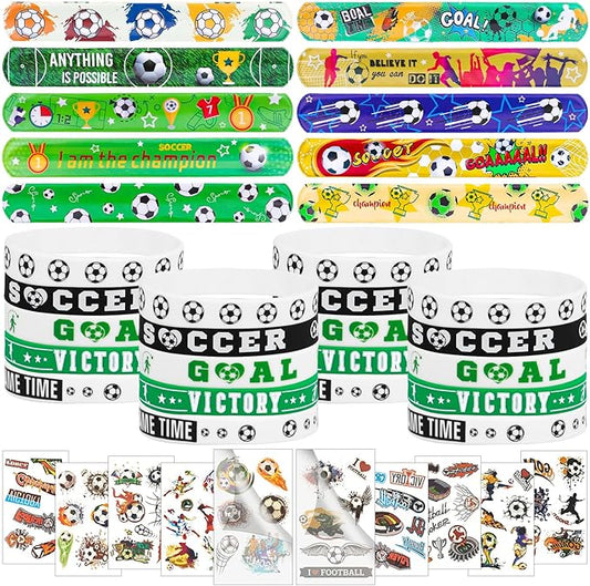 60PCs Soccer Party Favor Soccer Silicone Bracelet Soccer Slap Bracelet Tattoos for Sports Themed Birthday Party Decor Goodie Bag Fillers(Soccer)