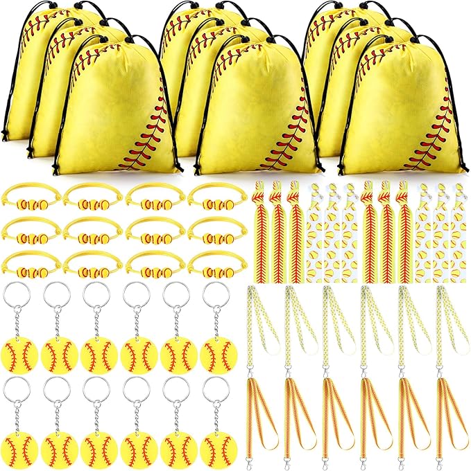 Abbylike 60 Pcs Softball Party Favors Set Softball Gifts for Girls 12 Softball Drawstring Bags 12 Softball Hair Ties 12 Softball Bracelets 12 Lanyards 12 Keychains for Sports Team Party Supplies