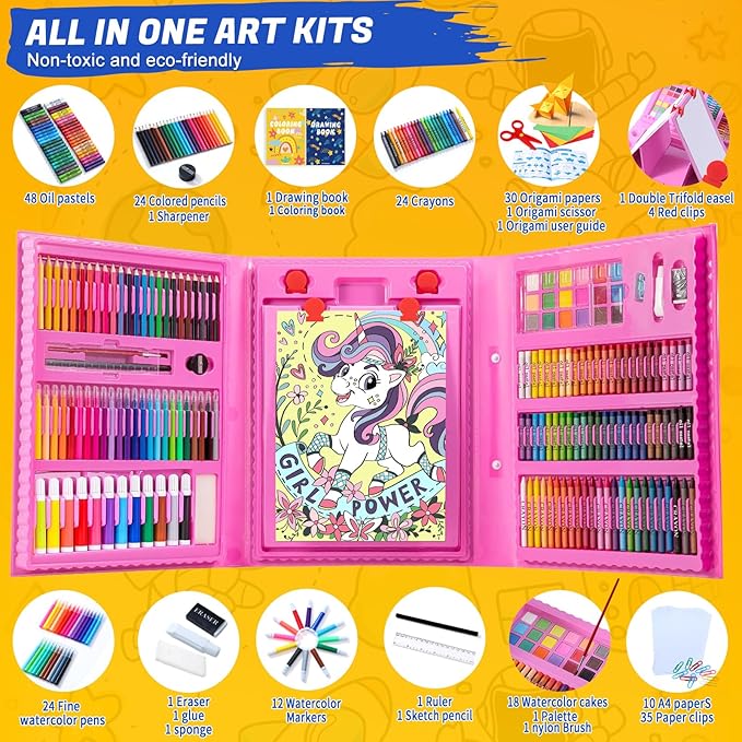 All in One Art Supplies, Art Kit Includes Easel, Origami Paper, Colored Pencils, Crayons, Drawing Book, Coloring Book, Watercolor Pens, Markers and Oil Pastels, Gifts for Girls Boys Teens, Pink