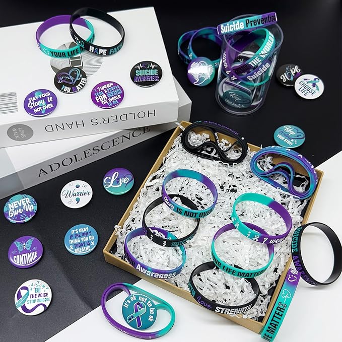 60 Pcs Suicide Prevention Awareness Accessories Bulk Include 30 World Suicide Prevention Day Hope Faith Bracelets and 30 Teal Purple Ribbon Semicolon Round Badges for Suicide Awareness and Prevention