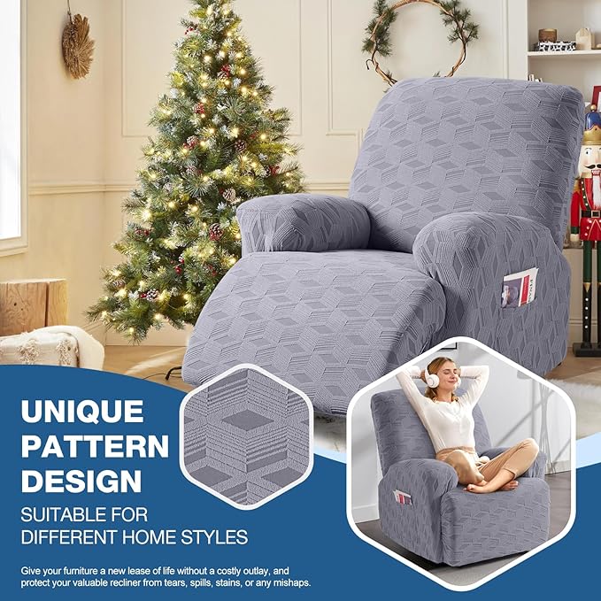 TAOCOCO Oversized Recliner Cover Stretch Recliner Chair Covers, Jacquard Reclining Chair Cover, Furniture Protector Sofa Slipcovers Couch Covers with Elastic Bottom for Kids, Pets (Light Grey)