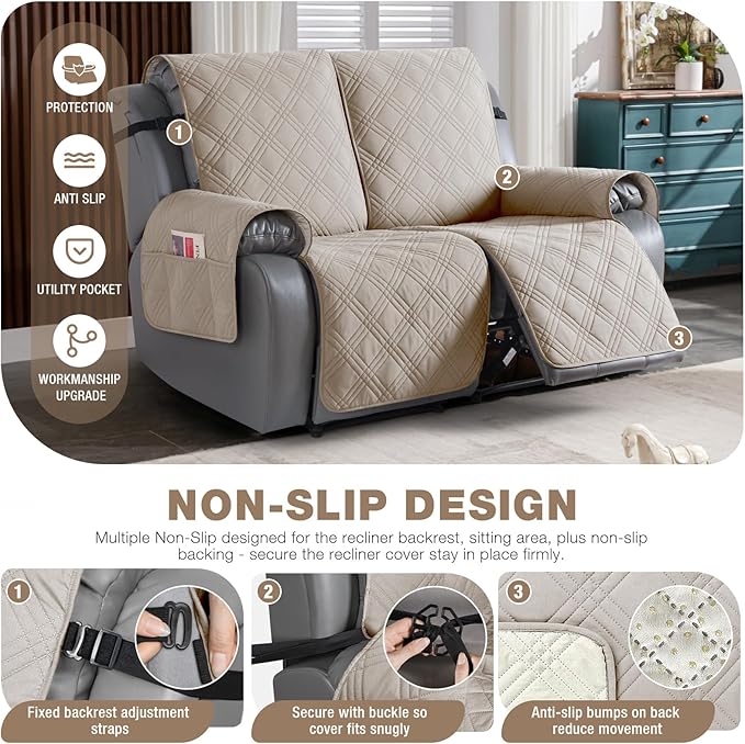 TAOCOCO 100% Waterproof Loveseat Recliner Cover, Non Slip Split Loveseat Covers for Reclining Loveseat with Elastic Straps, Washable Recliner Chair/Furniture Protector for Kids Pets(2 Seater, Cream)