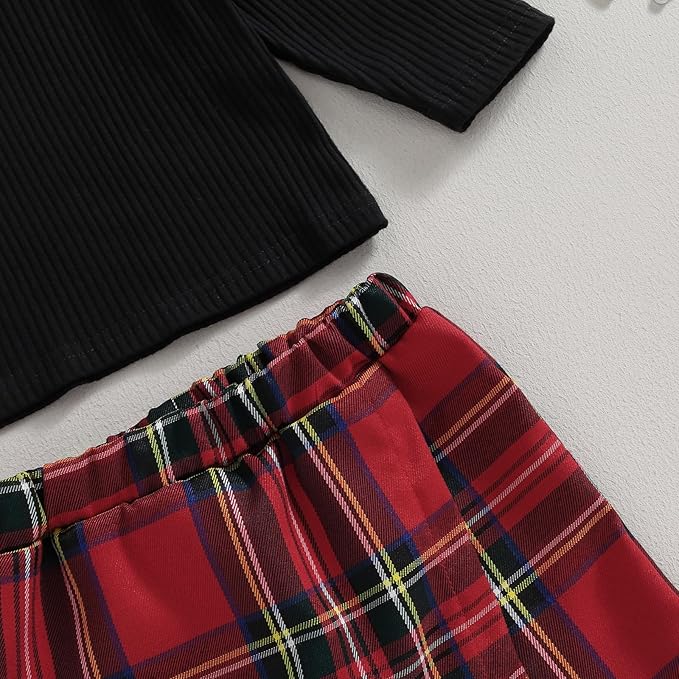 Fernvia Toddler Baby Girl Fall Winter Skirt Set Turtleneck Ribbed Long Sleeve T-Shirt Top & Plaid Skirts Dress 2Pcs Outfits