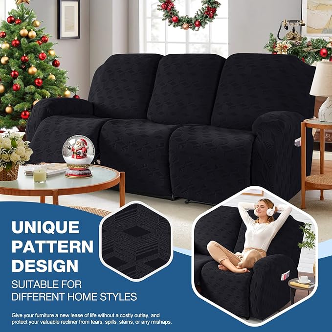 TAOCOCO Recliner Sofa Covers Stretch Reclining Couch Cover, Jacquard Recliner Couch Cover for 3 Seat Furniture Protector Sofa Slipcovers with Elastic Bottom for Kids, Pets (Black)