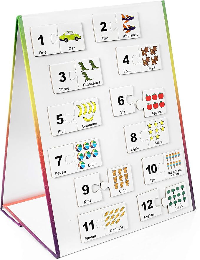 Kids Self-Standing Double-Sided Tabletop Magnetic Easel Dry Erase White Board. Includes 8 Dry Erase Markers + Educational Magnetic Numbers Puzzle (Easel + Puzzle)