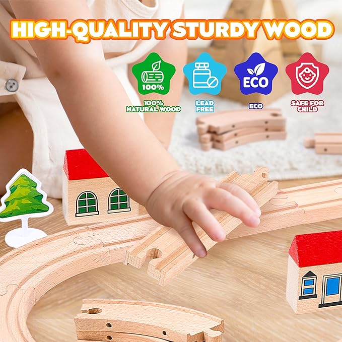 47Pcs Wooden Train Set for Toddlers, Wooden Train Track - Expandable and Changeable, Safe Educational Train Toys Gift for Boys & Girls Kids Ages 3-5 4-8, Compatible with All Major Brands
