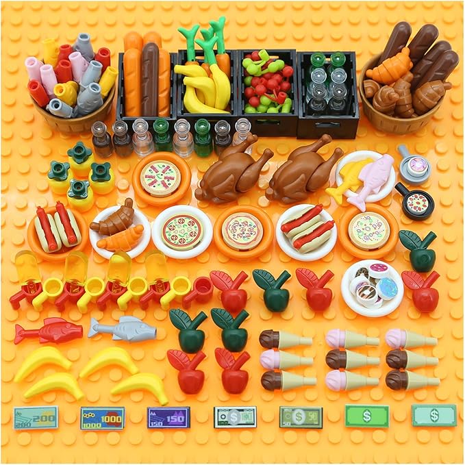 188pcs City Food Bricks Set, Picnic Toys Friends Kitchen Fram Restaurant DIY Pieces Parts Ice-Cream-Cupcakes Turkey-Banana-Carrot-Bread Basket Fish