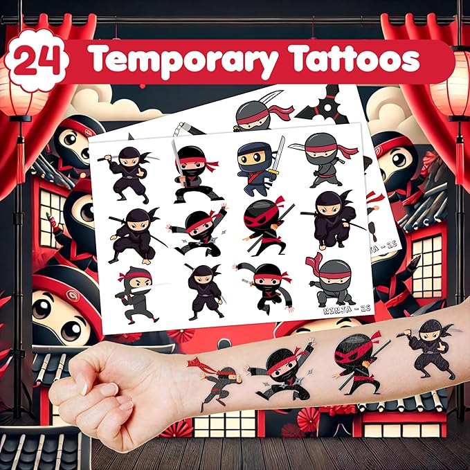 48PCS Ninja Party Favors - 24PCS Tattoos & 24PCS Slap Bracelets - Ninja Birthday Party Supplies, Samurai Baby Shower Decorations, Gifts, Classroom Prizes for Boys & Girls