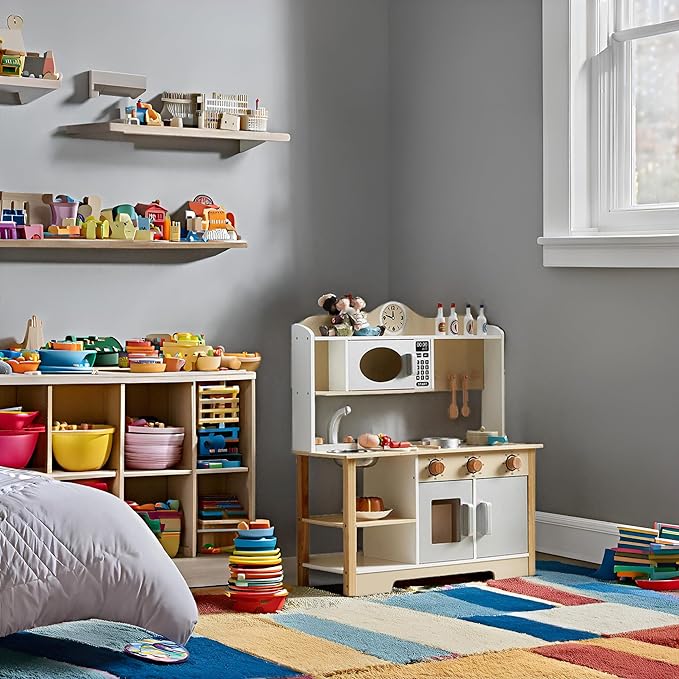 Kids Play Kitchen, Wooden Kitchen Playset for Kids with 12 Pcs Toy Food & Cookware Accessories, Toys Kitchen Small Pretend Play Kitchen for Toddlers