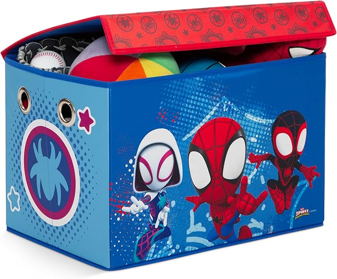 Delta Children - Marvel Spidey and His Amazing Friends 4-Piece Toddler Room-in-a-Box Set – Includes Sleep and Play Toddler Bed, Table, 1 Chair and Fabric Toy Box, Blue/Red