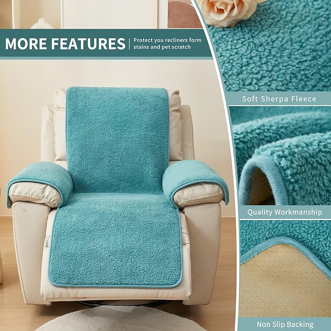 vctops Sherpa Fleece Recliner Chair Cover Super Soft Warm Plush Sofa Slipcover Furniture Protector Non Slip Washable Reclining Chair Cover for Kids, Pets (Lake Blue,22"x82")