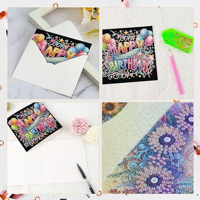 6 Pcs 5D Diamond Painting Greeting Card Kits, Laser Effect Diamond Art Birthday Cards Special Shaped Diamond Art Postcards Crafts for Birthday Holiday (30x15cm)